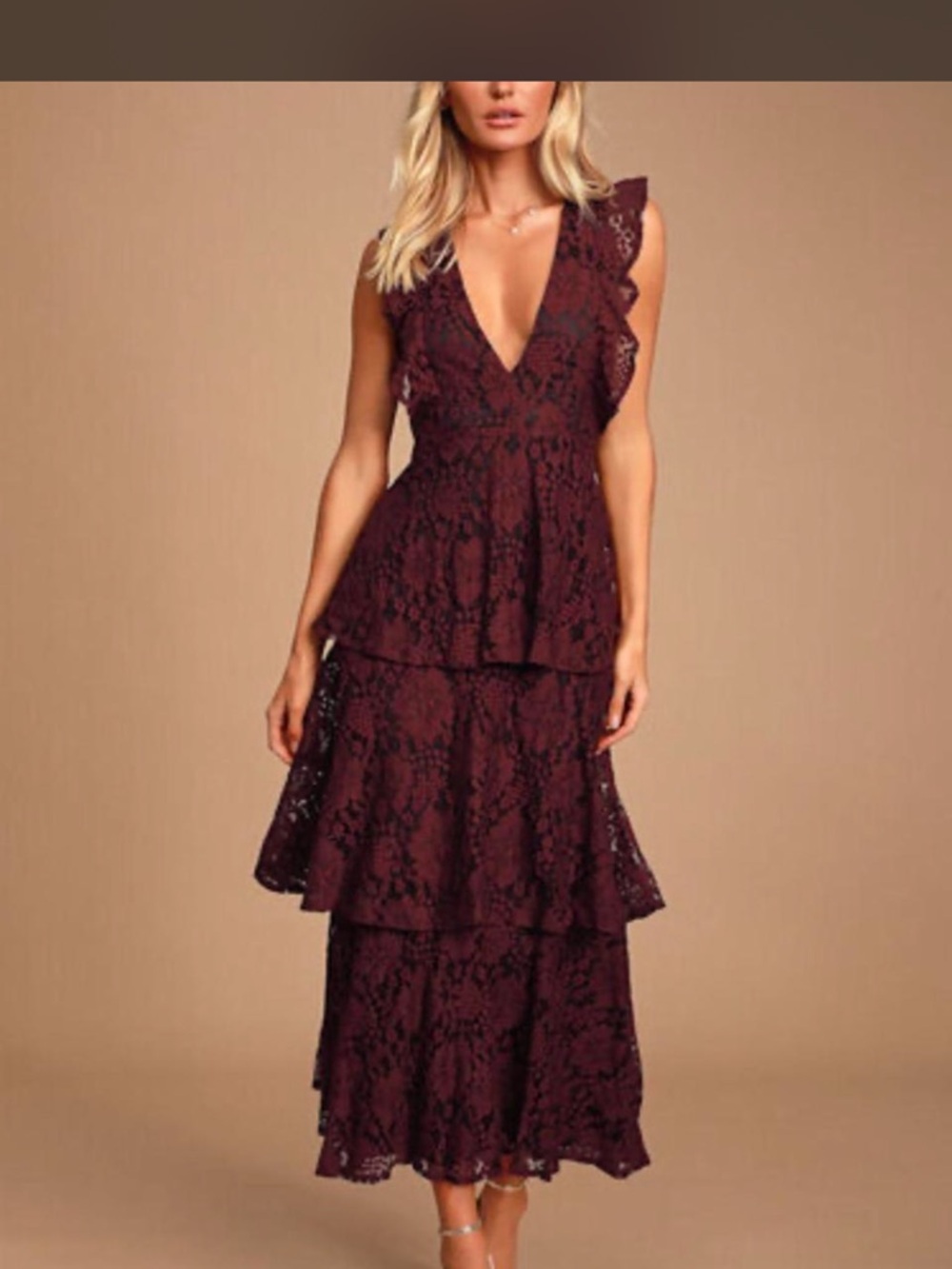 Lulus Molinetto Burgundy Lace Ruffled Tiered Dress